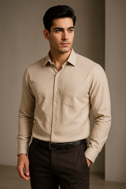 Elegant Men's Beige Formal Shirt – Soft Cotton, Subtle Pattern